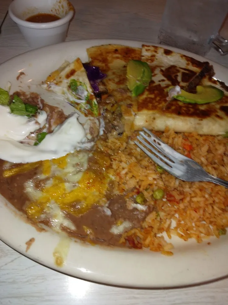 Carnitas Quesadilla with Rice and Beans